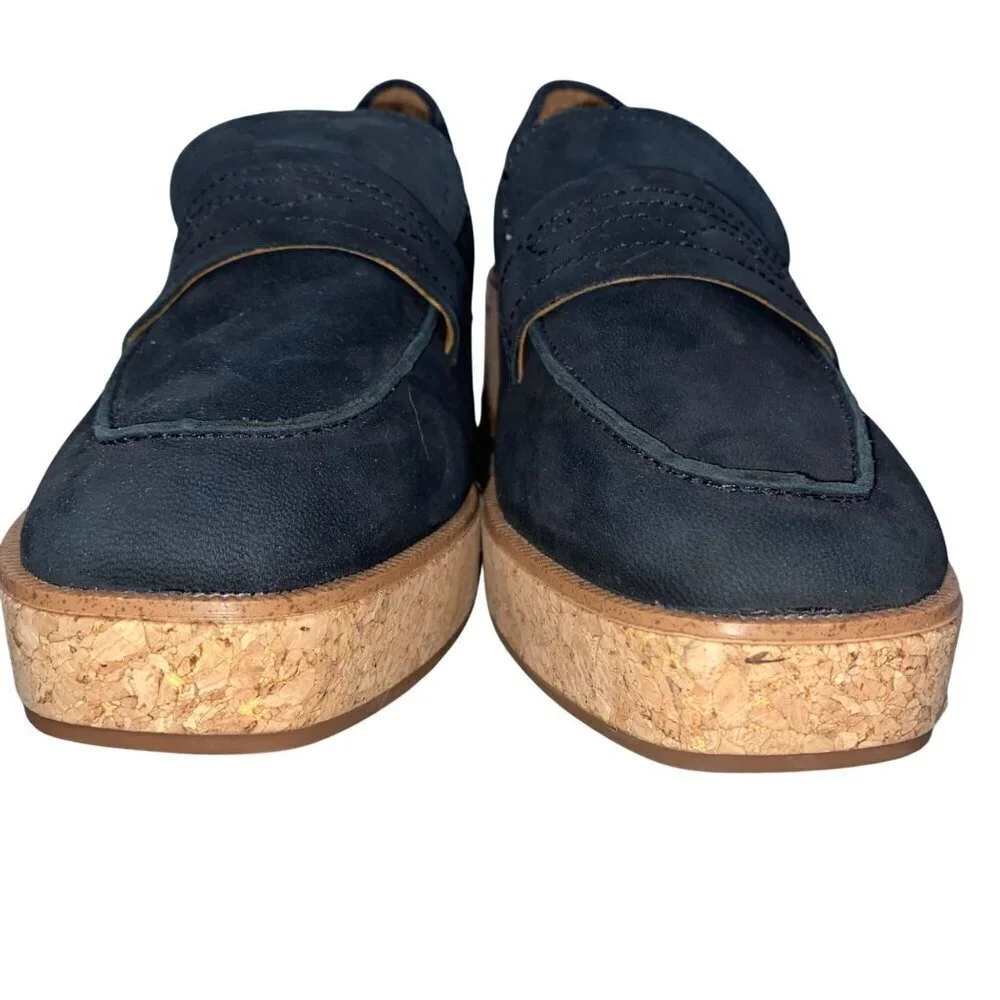 Lucky Brand Womens Black Suede platform Cork Heel Loafers Size 6.5. Preppy